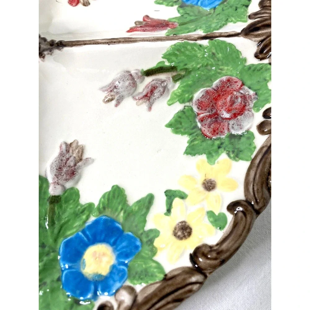 Vtg Ceramic Divided Serving Platter Plate Hand Painted Floral Cottage Country
